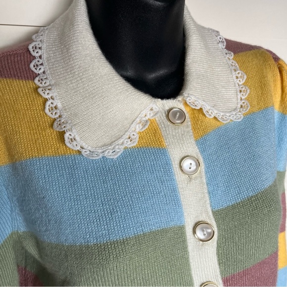So It Is Striped Cardigan Pearl Buttons Lace Lined Collar Size S - Picture 5 of 11